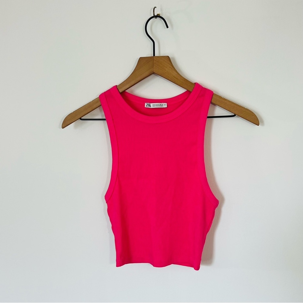 Zara Pink Ribbed Crop Top Very Fitted With Stretch Perfect For Summer Size Small